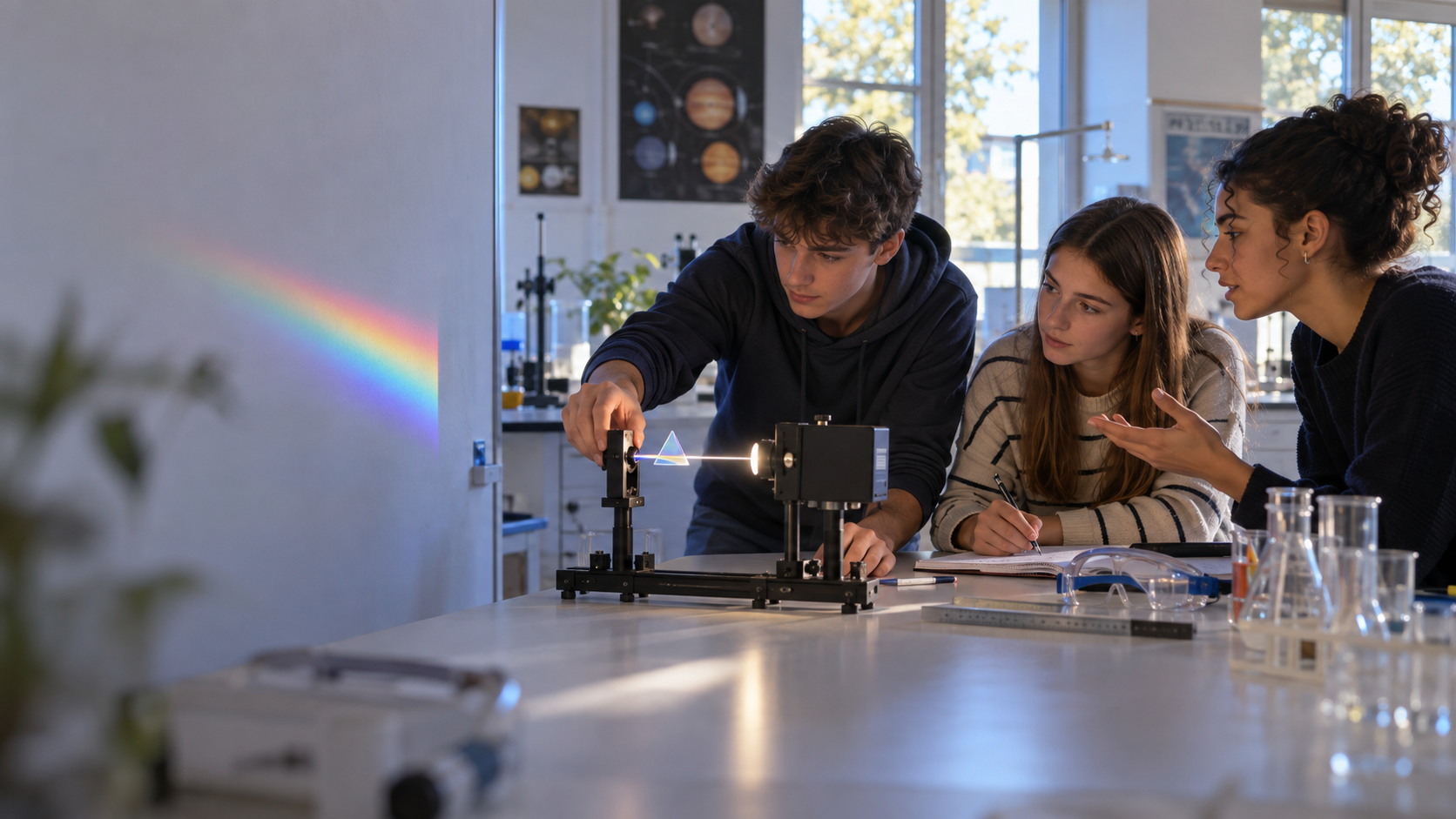 Trois lycéens observent la décomposition de la lumière par un prisme